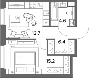 Планировка: 1-комнатная квартира 38,9 м² в ЖК «Станиславский»