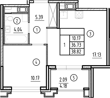 Планировка: Евродвушка 36,7 м² в ЖК «Ассамблея»