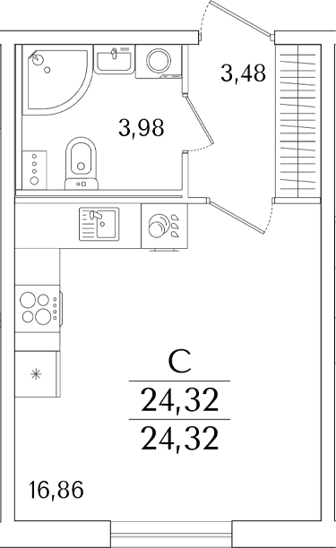 Планировка: Студия 24,3 м² в ЖК «Кинопарк»