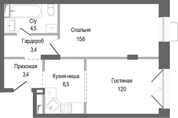 Планировка: Евродвушка 45,4 м² в ЖК «Киноквартал»