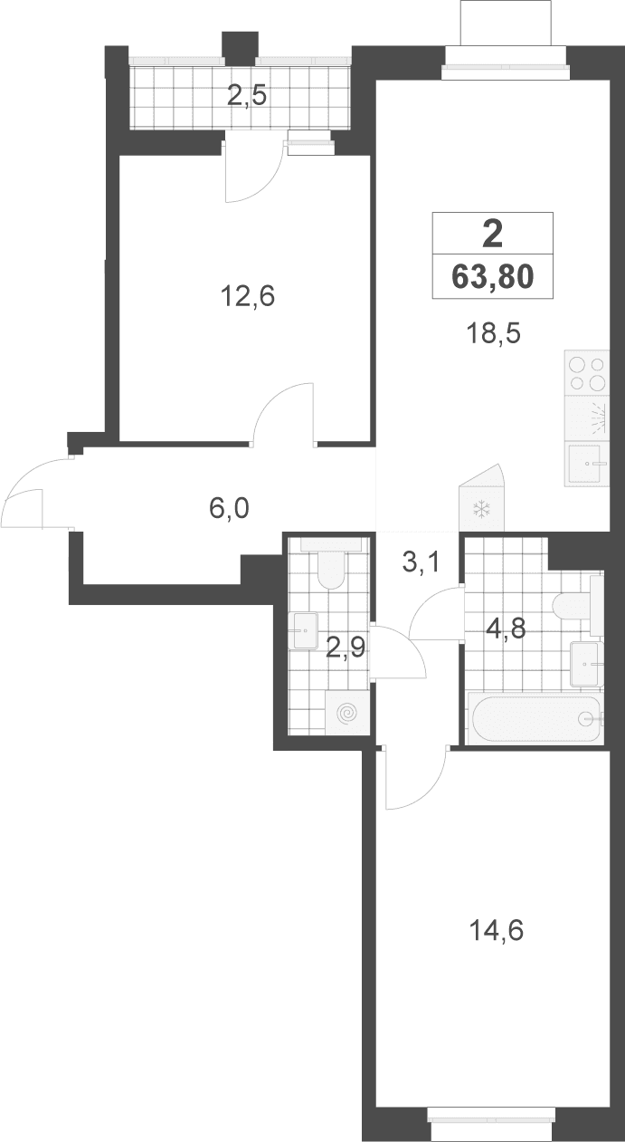 Планировка: Евротрёшка 62,5 м² в ЖК «Деснаречье»