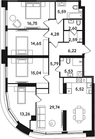 Планировка: Квартира евро-5 127,6 м² в ЖК «СОЛОС»