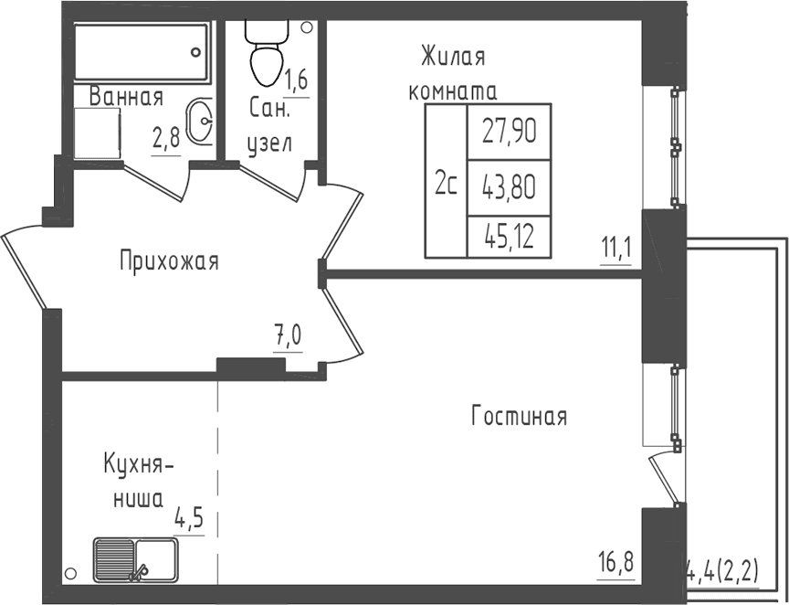 Планировка: 1-комнатная квартира 43,8 м² в ЖК «Зеленый город»