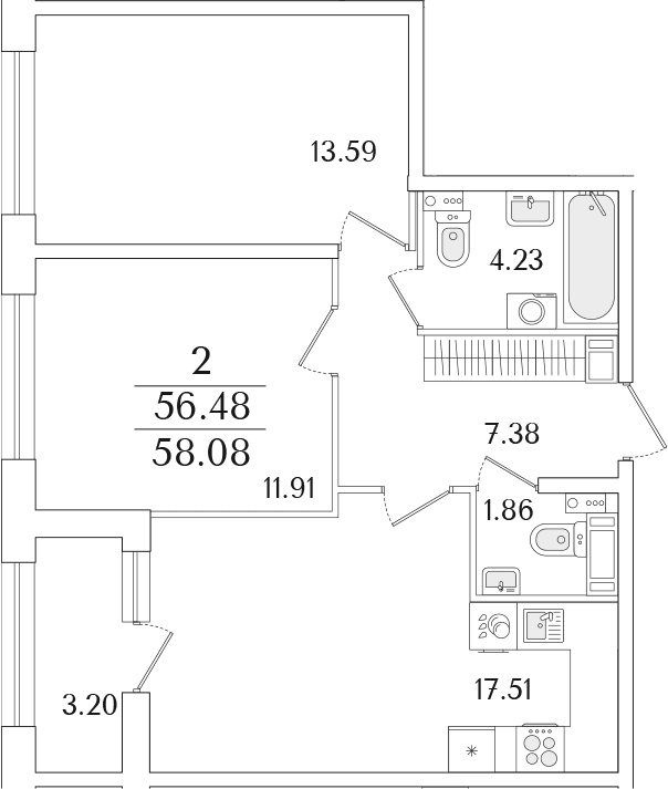Планировка: 2-комнатная квартира 56,5 м² в ЖК «Аурум»