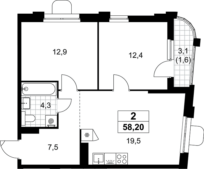 Планировка: Евротрёшка 56,6 м² в ЖК «Прокшино»