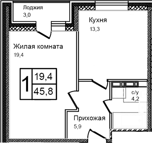 Планировка: 1-комнатная квартира 42,8 м² в ЖК «Троицкий»