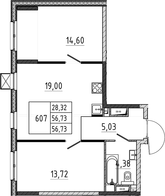 Планировка: Евротрёшка 56,7 м² в ЖК «Поварово-Молодежный-2»