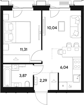 Планировка: Евродвушка 33,6 м² в ЖК «ЭВО»