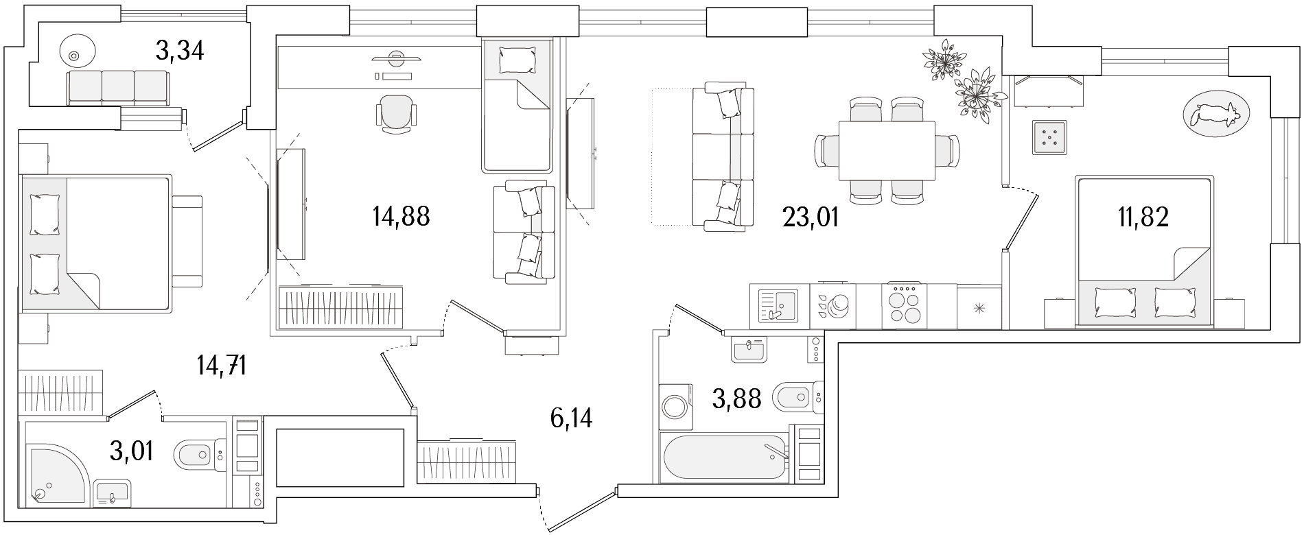 Планировка: Квартира евро-4 77,5 м² в ЖК «Гранат»