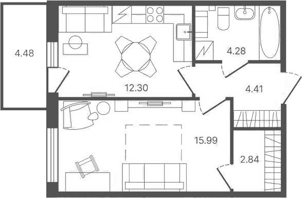 Планировка: 1-комнатная квартира 39,8 м² в ЖК «Рауни»