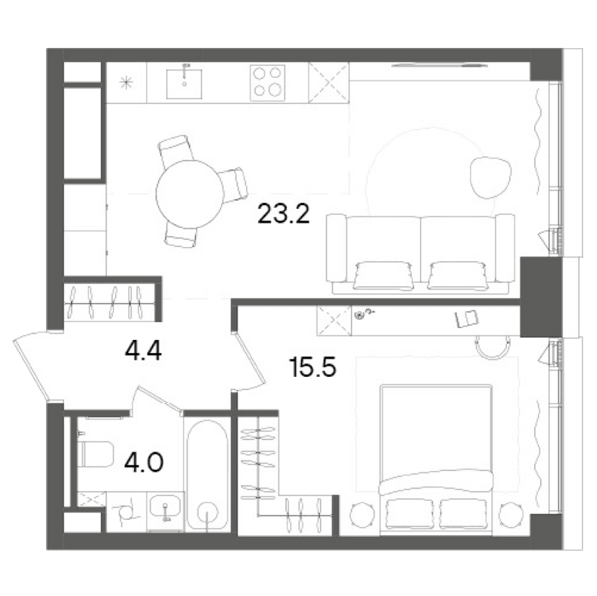 Планировка: Евродвушка 47,1 м² в ЖК «СТОУН Грэйн»