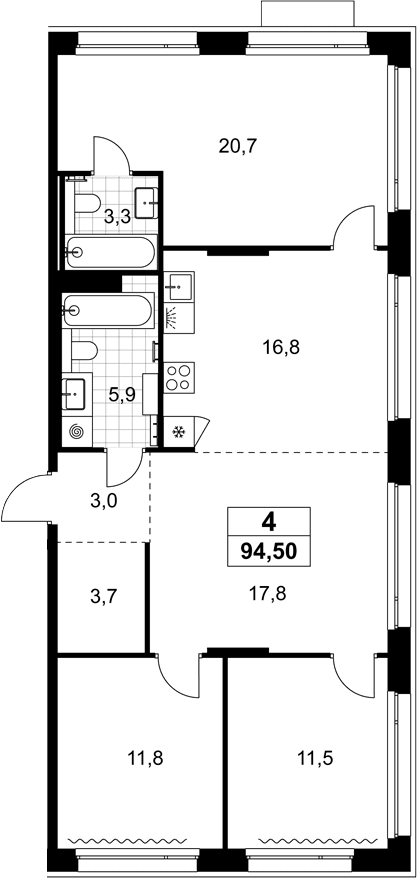 Планировка: Квартира евро-4 94,5 м² в ЖК «Хольм»