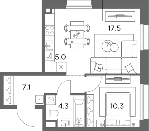 Планировка: Евродвушка 44,2 м² в ЖК «Станиславский»