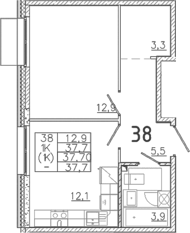 Планировка: 1-комнатная квартира 37,7 м² в ЖК «Лисино»