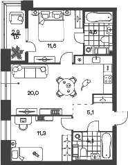Планировка: Евротрёшка 56,6 м² в ЖК «Новый Питер»