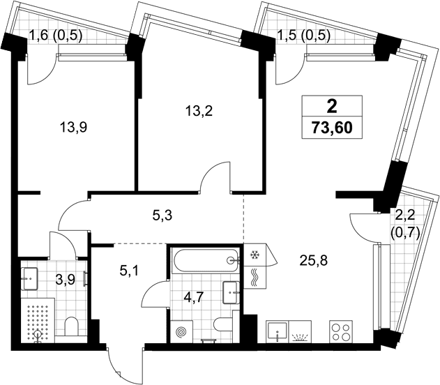 Планировка: Евротрёшка 71,9 м² в ЖК «Хольм»