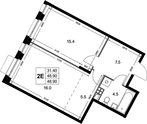 Планировка: Евродвушка 48,9 м² в ЖК «Кореневский Форт 2.3»