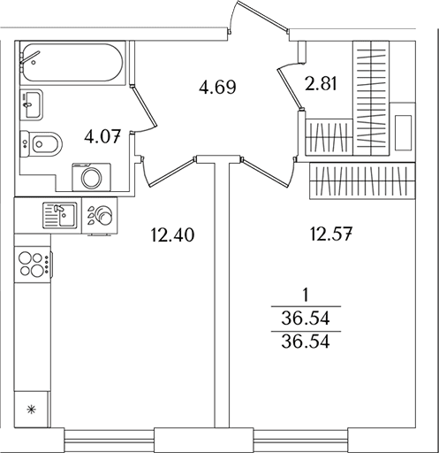 Планировка: 1-комнатная квартира 36,5 м² в ЖК «Кинопарк»