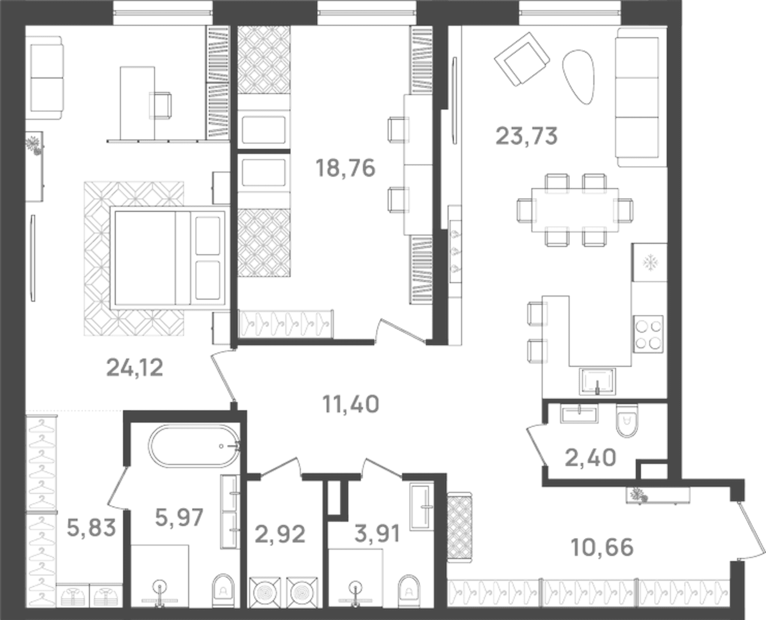 Планировка: Евротрёшка 110,9 м² в ЖК «6 Квартал»