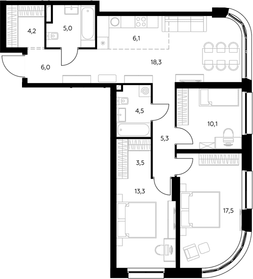 Планировка: Квартира евро-4 93,6 м² в ЖК «Адмирал»