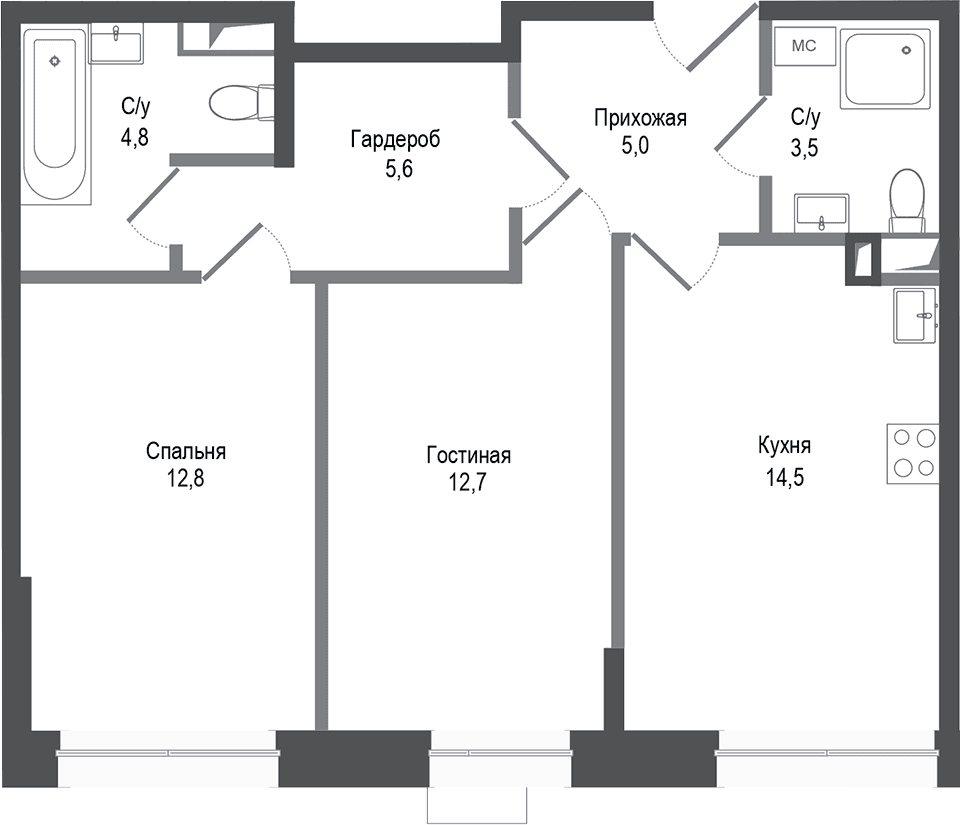 Планировка: 2-комнатная квартира 58,9 м² в ЖК «Киноквартал»
