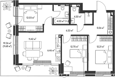 Планировка: Квартира евро-4 75,1 м² в ЖК «Джойс»