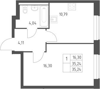 Планировка: 1-комнатная квартира 35,2 м² в ЖК «Горки Парк»