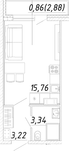 Планировка: Студия 22,3 м² в ЖК «Догма Юкки»