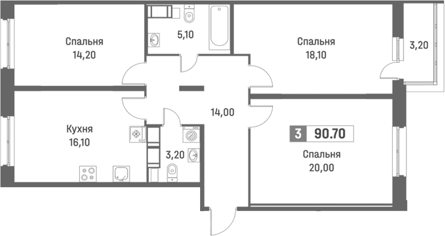 Планировка: Квартира евро-4 89,2 м² в ЖК «Фотограф»