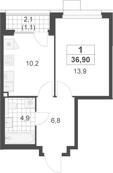 Планировка: 1-комнатная квартира 35,8 м² в ЖК «Скандинавия»