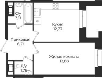 Планировка: 1-комнатная квартира 37,7 м² в ЖК «Новатория»