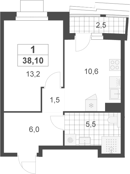 Планировка: 1-комнатная квартира 36,8 м² в ЖК «Деснаречье»