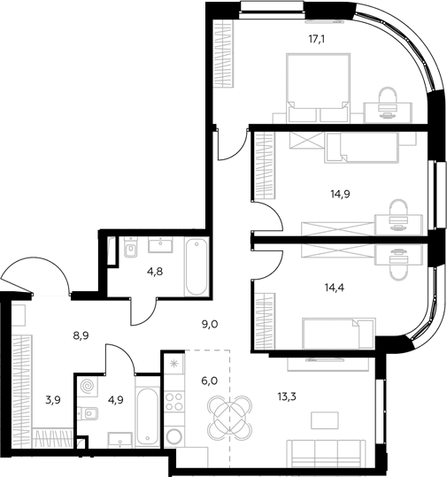 Планировка: Квартира евро-4 98,2 м² в ЖК «Адмирал»
