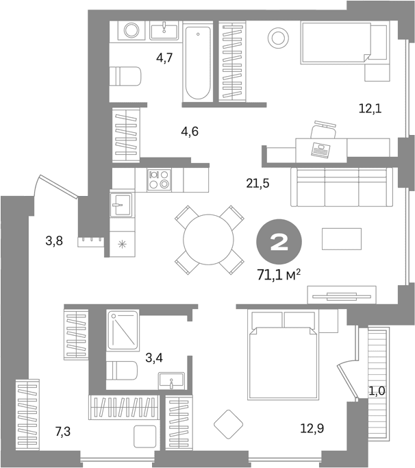 Планировка: 2-комнатная квартира 70,1 м² в ЖК «Первый квартал. Вторая очередь»