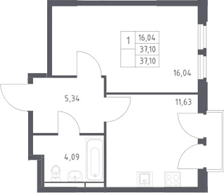 Планировка: 1-комнатная квартира 37,1 м² в ЖК «Космический Квартал»