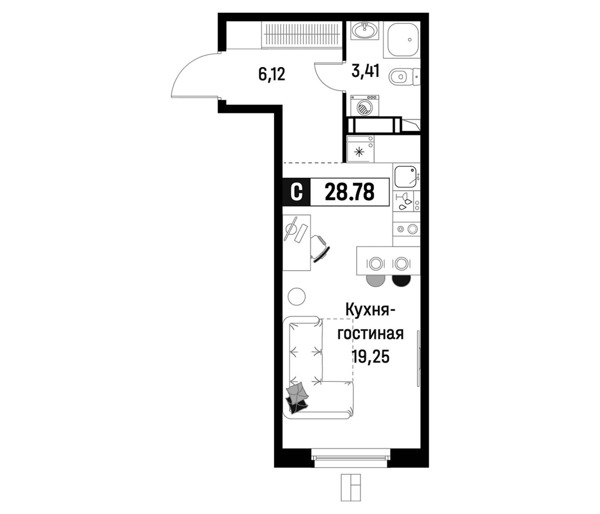 Планировка: Студия 28,8 м² в ЖК «Максималист»