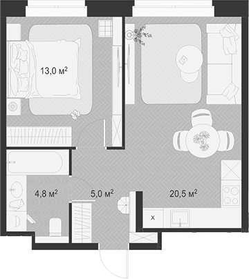 Планировка: Евродвушка 43,3 м² в ЖК «Гранд Комфорт 3»