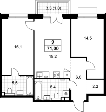 Планировка: Евротрёшка 70 м² в ЖК «Хольм»