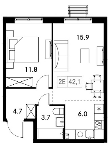 Планировка: Евродвушка 42,1 м² в ЖК «Новый Зеленоград»