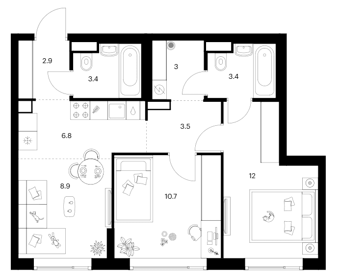 Планировка: 2-комнатная квартира 54,6 м² в ЖК «2-й Иртышский»