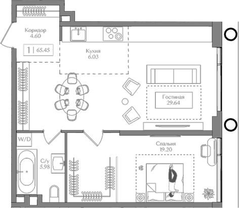 Планировка: Евродвушка 65,5 м² в ЖК «Преображенская площадь»