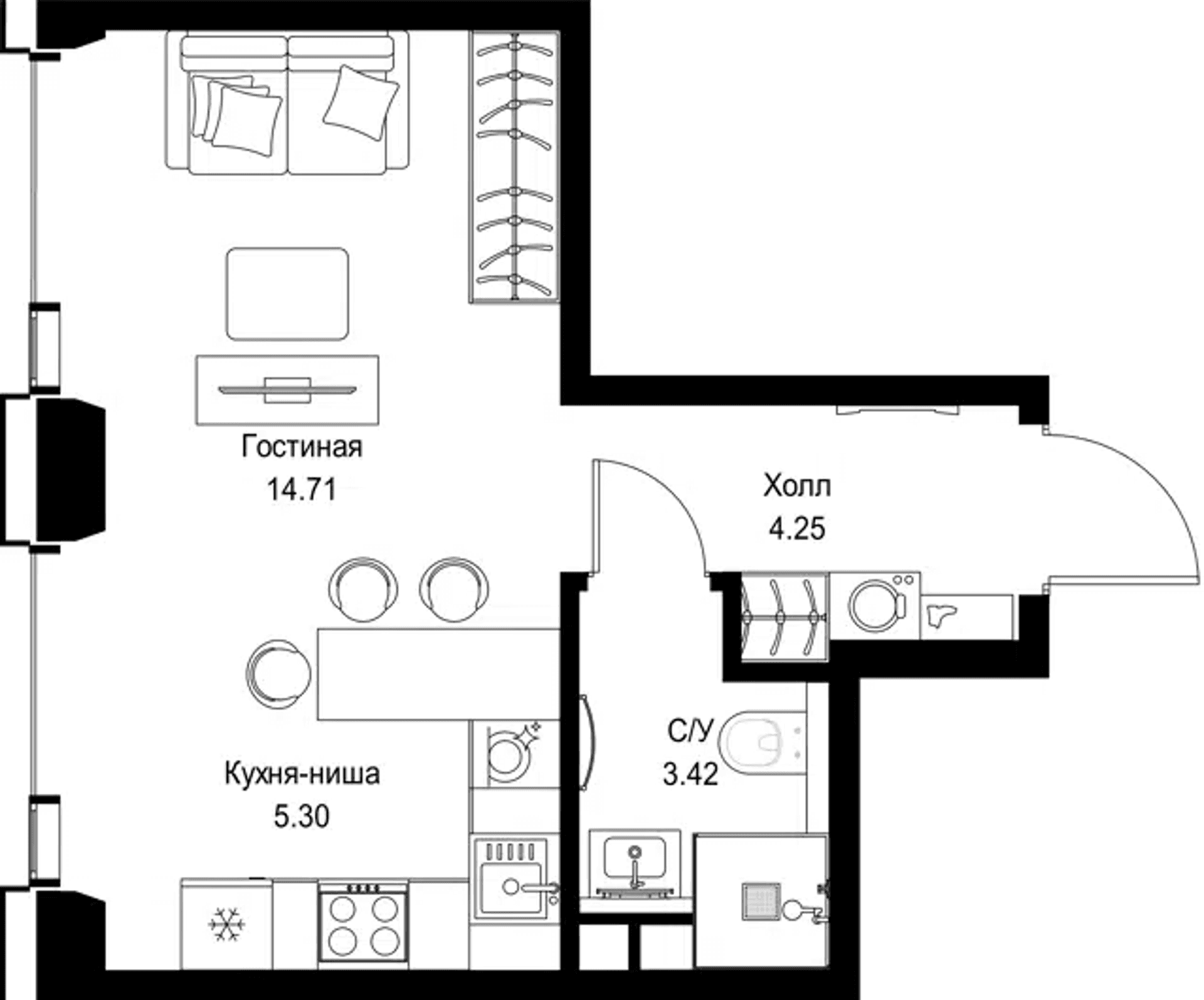Планировка: Студия 27,7 м² в ЖК «СЕТ»