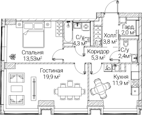 Планировка: 2-комнатная квартира 63 м² в ЖК «СЕЗАР БУДУЩЕЕ»