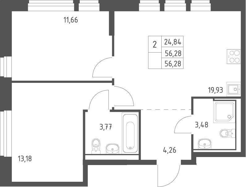 Планировка: Евротрёшка 56,3 м² в ЖК «Квартал Ивакино»