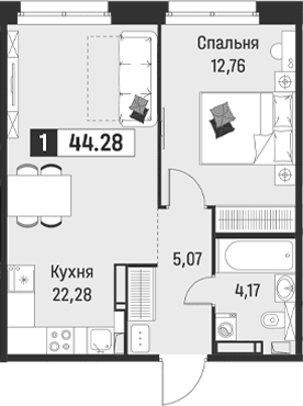 Планировка: Евродвушка 44,3 м² в ЖК «Символист»