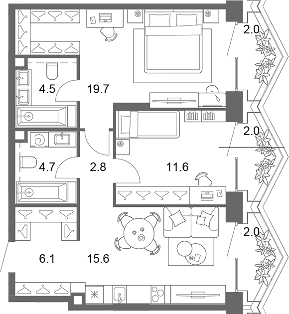 Планировка: Евротрёшка 65,1 м² в ЖК «ОМ Ботанический»