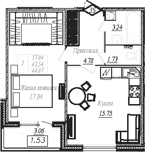 Планировка: 1-комнатная квартира 42,5 м² в ЖК «АРО»