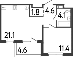 Планировка: Евродвушка 43 м² в ЖК «Передвижники»
