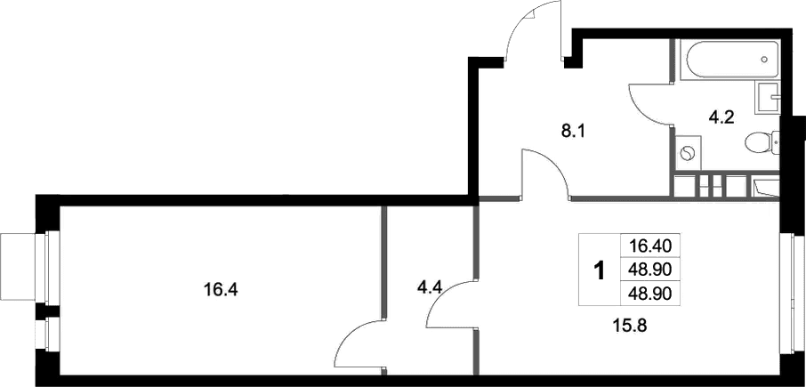 Планировка: 1-комнатная квартира 48,9 м² в ЖК «Легенда Марусино»