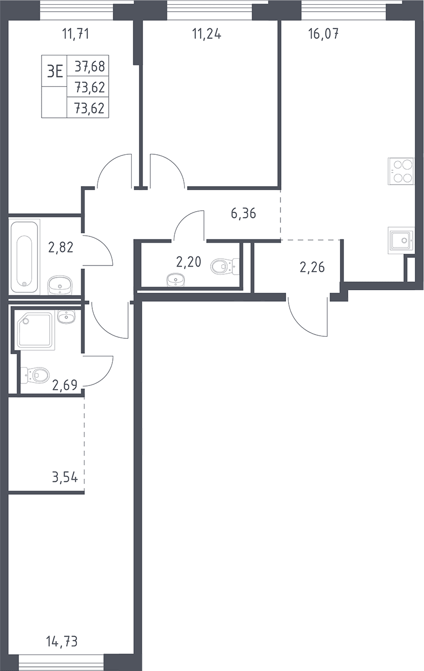 Планировка: Квартира евро-4 73,6 м² в ЖК «Рублевский квартал»